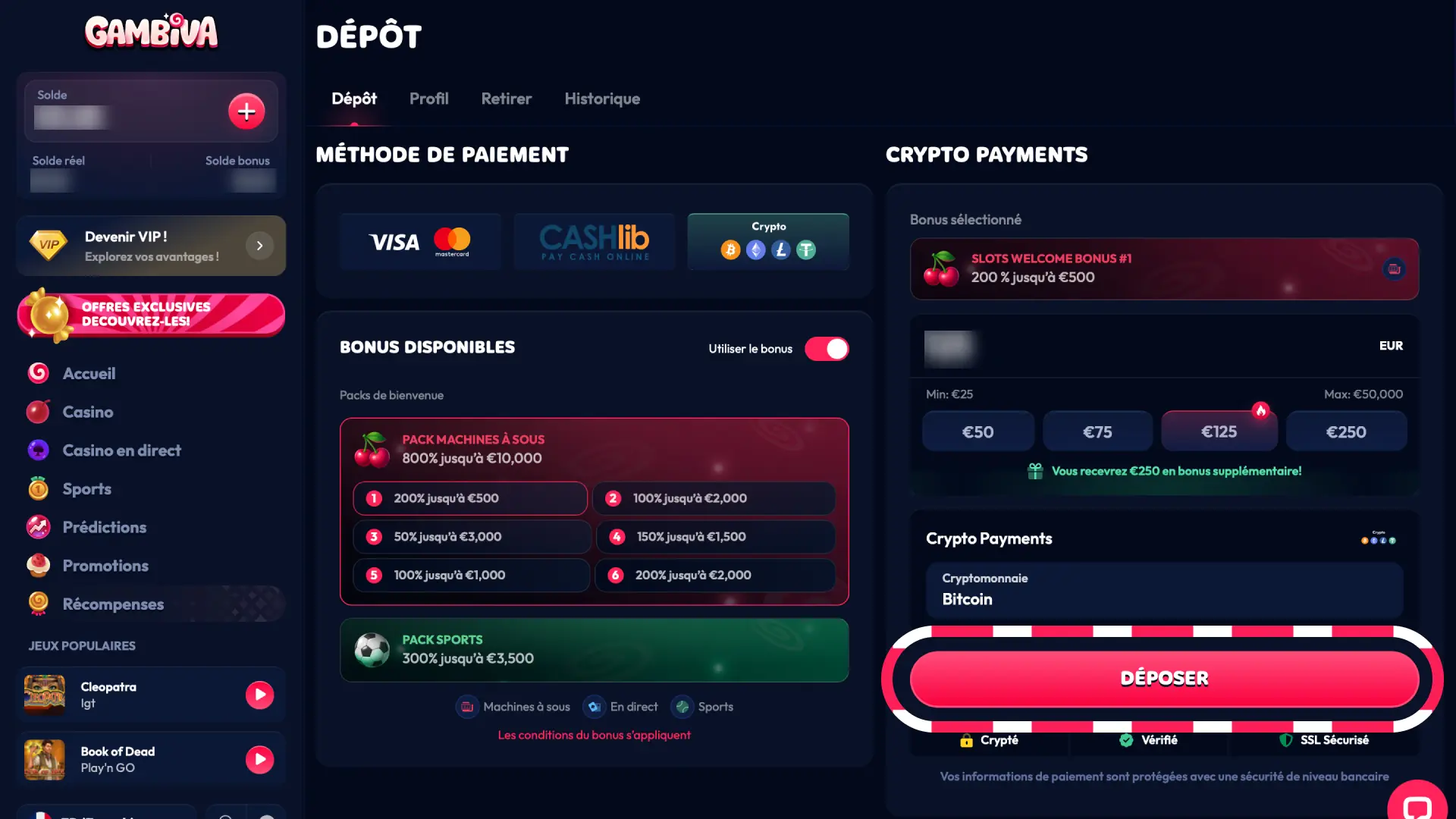 Connectez-vous et effectuez votre premier dépôt sur Gambiva France pour activer le bonus.